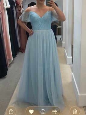 Kleinfeld’s blue lace off the shoulder maxi formal dress bridesmaid dress